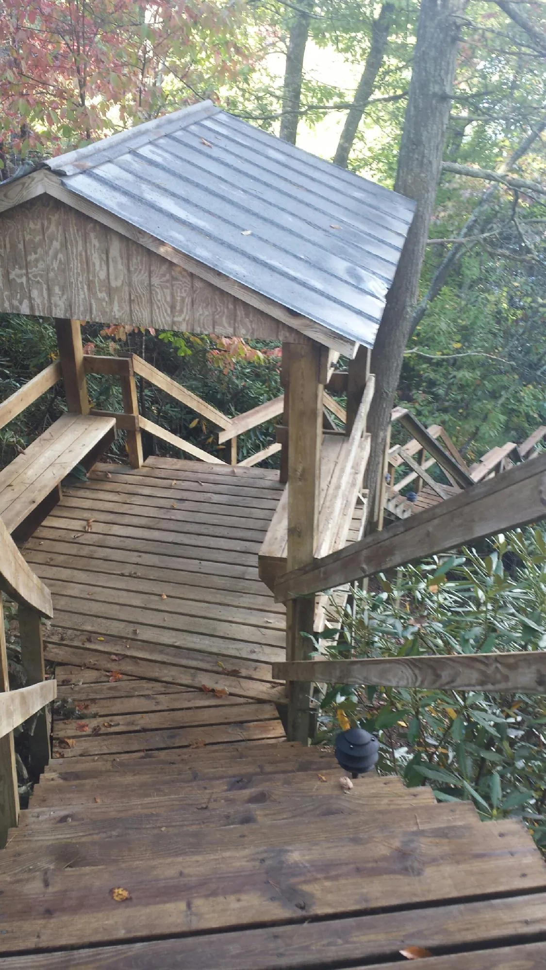Metal roofed shelter over wooden steps on a wooded walkway — Skylight Repair & Installation work by our crew in Susan